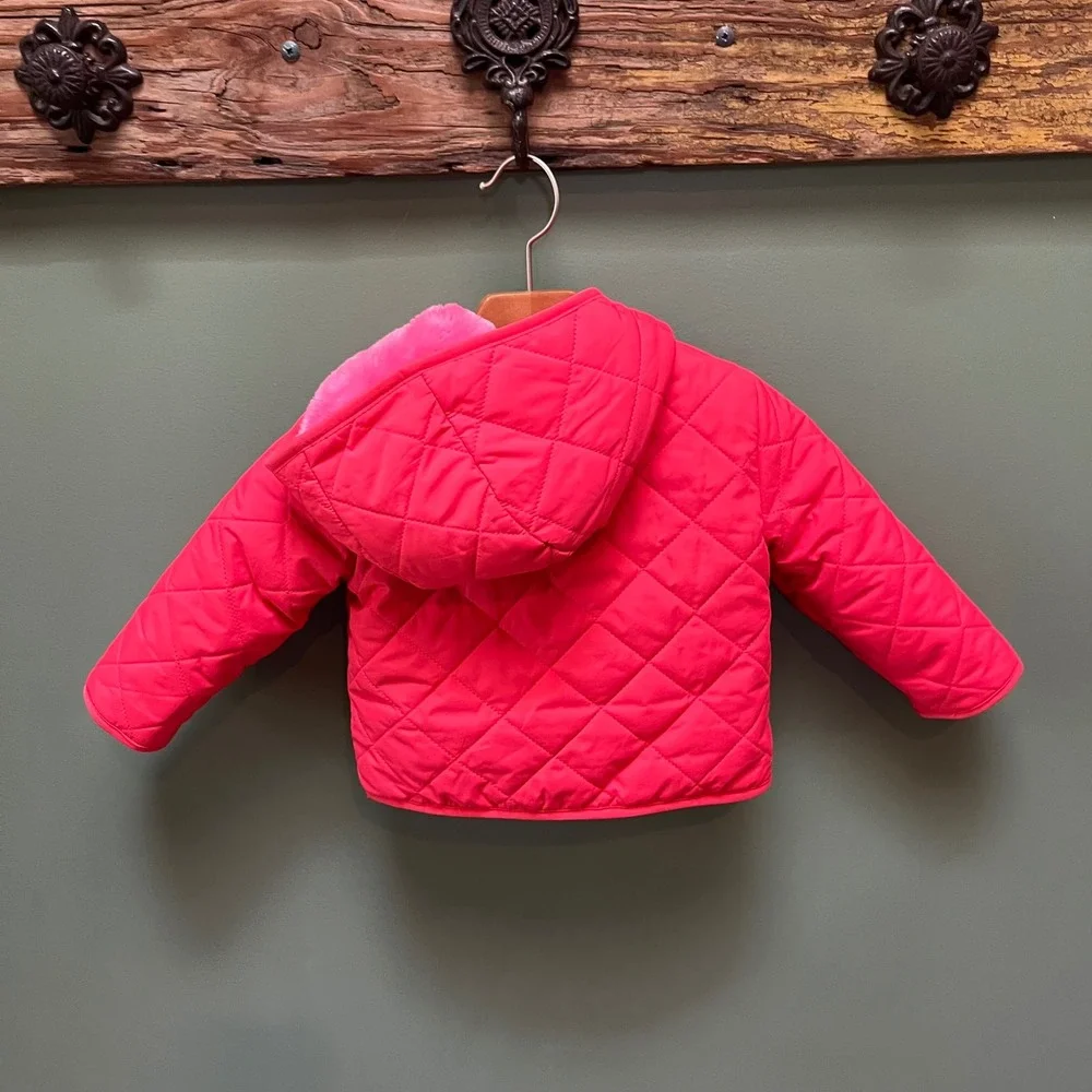 Primary Kids Neon Pink Quilted Faux Fur Lined Hooded Puffer Jacket 6-12 Months